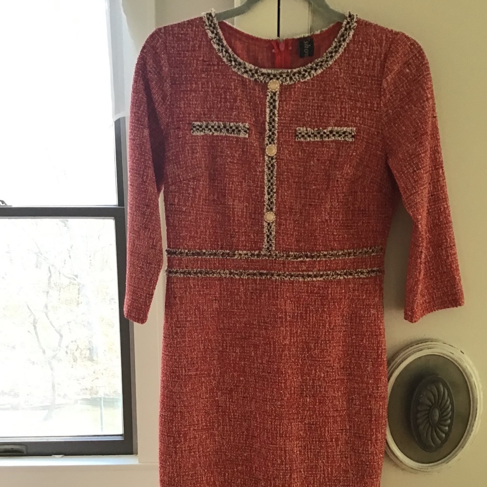 VFShow Long Sleeve Midi Tweed Dress Size Small, Color Red Multi